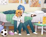  bad_id bad_pixiv_id ball bed blonde_hair blue_eyes blue_hair blush controller full_body glass highres inazuma_eleven inazuma_eleven_(series) juice kazemaru_ichirouta male_focus miyasaka_ryou multiple_boys nichikatsu remote_control sitting soccer_ball socks telstar tissue_box trash_can yellow_eyes 