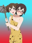  2girls angry black_hair brown_eyes brown_hair brunette cavegirl cavegirls caveman conjoined glasses hammer multi_head siamese_twins twins two_heads weapon 