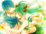  1girl bad_id bad_pixiv_id bare_shoulders blue_hair blue_scarf couple green_hair hatsune_miku hetero hiyoyogi kaito long_hair open_mouth scarf skirt smile twintails vocaloid 