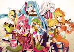  6+girls aqua_eyes aqua_hair bare_shoulders blonde_hair blue_eyes bow chair fashion green_hair gumi hair_bow hair_ornament hair_ribbon hairclip hatsune_miku headphones ia_(vocaloid) kagamine_len kagamine_rin lily_(vocaloid) long_hair megurine_luka midriff multiple_girls musou_yuchi navel one_eye_closed open_mouth paint paintbrush pink_hair purple_legwear ribbon short_hair shorts sitting skirt smile suspenders thighhighs twintails vocaloid 