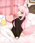  :3 animal_ears bed bed_sheet blush clothes_tug curtains fox_ears fox_tail heart heart_pillow jougen long_hair open_mouth original panties picture_(object) pillow pink_hair ribbed_sweater silver_eyes sitting solo star striped striped_panties sweater sweater_tug tail tears thighhighs underwear wariza white_legwear 