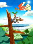  /\/\/\ 1boy backwards_hat bag bare_tree baseball_cap bird blue_sky creature day facing_away flying foot_dangle furret gen_2_pokemon gold_(pokemon) hat hitchhiking ho-oh hoppip horizon hot in_tree kariha legendary_pokemon long_sleeves looking_to_the_side murkrow ocean outstretched_arm pokemon pokemon_(creature) pokemon_(game) pokemon_hgss pokemon_on_head quilava scenery shoes shoulder_bag sitting sky squiggle sweat thumbs_up tired tree 