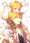  animal_ears blonde_hair carrying cat_ears cat_tail character_name child child_gilgamesh coin dual_persona extra_ears fang fate/hollow_ataraxia fate/stay_night fate_(series) food fork gilgamesh ice_cream kemonomimi_mode male_focus mayer multiple_boys older on_head parfait person_on_head red_eyes shoulder_carry slit_pupils smile sundae tail white_background younger 