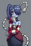  bare_shoulders blue_hair blue_skin blush breasts cleavage detached_sleeves dress hair_over_one_eye hand_to_own_mouth leviathan_(skullgirls) long_hair long_skirt medium_breasts red_eyes side_ponytail skirt skull skullgirls solo speh squigly_(skullgirls) stitched_mouth stitches strapless strapless_dress striped_sleeves watermark web_address zombie 