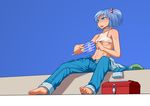  barefoot blue_background blue_eyes blue_hair breasts crop_top fan fanning feet hair_bobbles hair_ornament hat hat_removed headwear_removed hot iromeki_overdrive jumpsuit kawashiro_nitori midriff navel no_shoes no_socks side_ponytail sleeveless small_breasts soles solo sweat toenails toes tongue touhou turtleneck two_side_up underboob 