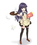  :d apron badge black_legwear blue_eyes full_body glass highres long_hair looking_at_viewer menu napkin open_mouth purple_hair shadow shoes simple_background skirt smile solo standing thighhighs tray tsurime waitress white_background working!! yamada_aoi zc zettai_ryouiki 