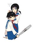  bad_id bad_pixiv_id baseball_bat black_hair blood blue_eyes highres kaga_ai mitama_mayo mole multiple_girls nervous no_legs open_mouth ponytail sayonara_zetsubou_sensei school_uniform serafuku short_hair sidelocks simple_background skirt smile stick tsurime turn_pale yellow_eyes yomosaka 