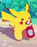  2015 3_toes 5_fingers absurd_res back_markings bottle brown_eyes digital_drawing_(artwork) digital_media_(artwork) dipstick_ears english_text food hi_res holding_bottle holding_object ketchup licking looking_at_viewer markings nintendo outside pikachu pok&eacute;mon pok&eacute;mon_(species) red_cheeks solo standing text toes tongue tongue_out ullamaliztli unilever video_games yellow_body 