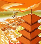  autumn backwards_hat bird building creature ecruteak_city evening flying gen_2_pokemon gold_(pokemon) hat horizon jumpluff kariha natu orange_(color) pagoda pokemon pokemon_(creature) pokemon_(game) pokemon_hgss quilava scenery sun sunset tower town 