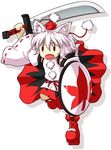  animal_ears chibi fang geta hat inubashiri_momiji leaf maple_leaf mazume open_mouth pom_pom_(clothes) red_eyes shield solo sword tokin_hat touhou weapon white_background white_hair wolf_ears |_| 
