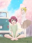  barefoot blonde_hair blush crossed_legs glasses grass ground_vehicle indian_style kanbara_satomi motor_vehicle multiple_girls open_mouth purple_hair richard_crazyman saki sandals senoo_kaori short_hair sitting smile van volkswagen 