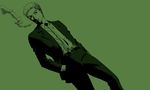  belt doujima_ryoutarou dutch_angle formal gintama green green_background green_eyes hands_in_pockets looking_at_viewer male_focus monochrome necktie pants parody persona persona_4 smoking solo standing suit uzu_hi 
