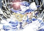  apron arm_up bad_id bad_pixiv_id belt black_gloves blonde_hair blue_dress bow braid dissolving_clothes dress excel_(shena) gloves hair_ribbon hat hat_bow hat_ribbon highres kirisame_marisa light_particles mini-hakkero red_eyes ribbon shirt smirk solo touhou waist_apron witch_hat 