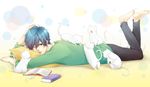 animal bad_id bad_pixiv_id barefoot blue_eyes blue_hair book bookmark cat full_body kaito male_focus one_eye_closed pillow smile solo vocaloid 