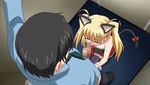  1girl airi_akizuki animal_ears animated animated_gif bathroom black_hair blonde_hair cat_ears cat_tail censored eyes_closed father_and_daughter fellatio female from_above girl incest lowres necktie oni_chichi oral skirt tail twintails 