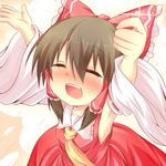  :d ^_^ armpits arms_up ascot bare_shoulders blush brown_hair closed_eyes coin detached_sleeves from_above hair_tubes hakurei_reimu highres holding open_mouth outstretched_arms smile solo tears touhou wakagi_repa 