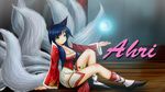  ahri animal_ears blue_hair breasts cleavage energy_ball facial_mark fox_ears fox_tail highres korean_clothes large_breasts league_of_legends long_hair multiple_tails sitting smile solo tail whisker_markings yellow_eyes zepros0 