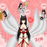  :o ahri animal_ears bag black_hair blush book breasts chibi chibi_inset chocolate cleavage cooking detached_sleeves fox_ears fox_tail heart highres korean_clothes large_breasts league_of_legends long_hair multiple_tails shimo_hane smile solo surprised sweatdrop tail valentine very_long_hair yellow_eyes 