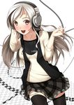  :d black_legwear blush brown_eyes cable checkered checkered_floor collarbone fingernails headphones kinugasa_yuuichi long_hair looking_at_viewer nail_polish open_mouth original pink_nails round_teeth shure silver_hair skirt smile solo teeth thighhighs vest zettai_ryouiki 