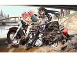  aiming_at_viewer akemi_homura black_hair black_legwear bridge epic glasses ground_vehicle gun kaname_madoka long_hair mahou_shoujo_madoka_magica motor_vehicle motorcycle multiple_girls multiple_riders naka_(nicovideo14185763) on_motorcycle pantyhose parody pink_eyes pink_hair riding shotgun t-800 terminator terminator_2:_judgement_day thighhighs weapon white_legwear winchester_model_1887 