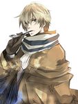  alternate_hairstyle axis_powers_hetalia bad_id bad_pixiv_id blonde_hair coat cravat frown gloves green_eyes kiseru male_focus netherlands_(hetalia) pipe scarf simple_background sketch striped striped_scarf yone_(kaguudou) 