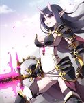  armor ashtaria black_hair black_legwear breasts gauntlets greaves horns large_breasts lena_(zoal) long_hair pointy_ears purple_eyes shingeki_no_bahamut solo sword thighhighs watermark weapon 