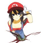  black_hair blood blue_eyes from_above genderswap genderswap_(mtf) gloves hat highres long_hair mario mario_(series) off-shoulder_shirt poaro shirt simple_background solo stomping studded_gloves super_mario_bros. tsurime turtle white_background 