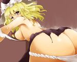  ass bad_id bad_pixiv_id bent_over blonde_hair blush bow braid breast_press breasts brown_background butt_crack from_behind gomibuta_kuzutarou hat hat_bow hips kirisame_marisa long_hair looking_at_viewer looking_back medium_breasts panties panty_pull purple_eyes shiny shiny_skin sideboob simple_background solo sweat tears topless torn_clothes touhou underwear white_bow 