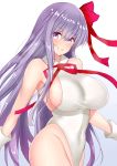  bangs bb_(fate)_(all) bb_(swimsuit_mooncancer)_(fate) blush breasts commentary covered_navel fate/grand_order fate_(series) gloves grin hair_ribbon highleg highleg_leotard highres hips large_breasts leotard long_hair looking_at_viewer neck_ribbon purple_eyes purple_hair red_ribbon ribbon sankakusui shiny shiny_hair shiny_skin sideboob simple_background smile solo white_background white_gloves white_leotard 