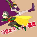  batman_(series) boots cape crossover damian_wayne dc_comics domino_mask hood hoodie male male_focus mask multiple_boys mysterion robin robin_(dc) running south_park 