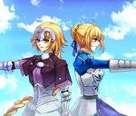  ahoge aqua_eyes armor armored_dress artoria_pendragon_(all) blonde_hair braid cloud day dress fantasyxing fate/apocrypha fate/zero fate_(series) gauntlets green_eyes hair_ribbon headpiece jeanne_d'arc_(fate) jeanne_d'arc_(fate)_(all) long_hair multiple_girls ribbon saber single_braid sky 