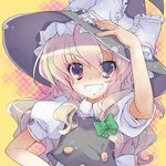  bad_id bad_pixiv_id bow grin hair_bow hand_on_headwear hat hat_bow kirisame_marisa long_hair pink_eyes pink_hair smile solo sparkle touhou white_bow witch_hat yui_(niikyouzou) 