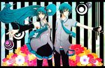  1girl bad_id bad_pixiv_id detached_sleeves fingerless_gloves flower genderswap genderswap_(ftm) gloves hatsune_miku hatsune_mikuo long_hair maka_(8888) necktie saihate_(vocaloid) skirt striped striped_background thighhighs twintails very_long_hair vocaloid 