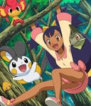  :d axew brown_eyes dark_skin emolga forest hanging iris_(pokemon) joltik nature open_mouth pansear panties pantyshot photoshop pokemoa pokemon pokemon_(game) pokemon_bw purple_hair smile soara tree_branch underwear 