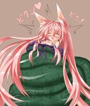  animal_ears bad_id bad_pixiv_id blush breasts closed_eyes fox_ears heart highres long_hair medium_breasts nagai_wataru nipples open_mouth original pink_hair restrained saliva simple_background solo tentacles trapped very_long_hair vore 