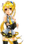  akita_neru avenne belt black_legwear blonde_hair crossed_arms detached_sleeves highres long_hair navel necktie pout side_ponytail skirt solo thighhighs very_long_hair vocaloid yellow_eyes yellow_neckwear 