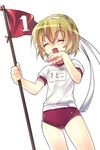  blonde_hair buruma character_name closed_eyes cowboy_shot flag gym_uniform hairband hand_to_own_mouth higurashi_no_naku_koro_ni houjou_satoko laughing numbered_flag ojou-sama_pose shirt short_hair short_sleeves simple_background solo standing t-shirt thighs wanko_(takohati8) white_background 