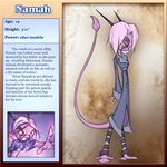  dreamkeepers english_text female green_eyes green_sclera hair information long_coat long_tail namah_calah pink_hair solo text 