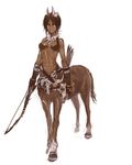  animal_ears arrow bare_shoulders bikini_top black_hair bow_(weapon) breasts centaur dark_skin flower hair_flower hair_ornament hooves horse_ears jewelry medium_breasts monster_girl necklace original quiver rhea short_hair simple_background skull solo tail underboob vambraces weapon white_background ze_(sawakihein) 