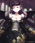  breasts cleavage demon_girl demon_wings horns large_breasts lena_(zoal) long_hair md5_mismatch nightmare_(shingeki_no_bahamut) official_art pink_eyes pointy_ears purple_hair shingeki_no_bahamut smile solo watermark wings 