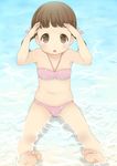  bad_id bad_pixiv_id bare_shoulders barefoot bikini blush brown_eyes brown_hair child doujima_nanako feet flat_chest from_above hair_ribbon looking_at_viewer navel neki_(wakiko) open_mouth persona persona_4 pink_bikini ribbon short_hair short_twintails sitting solo swimsuit toes twintails water younger 