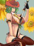  bare_shoulders between_breasts bikini breasts brown_eyes cleavage cowboy_hat fingerless_gloves flower front-tie_top gloves green_hair hair_over_one_eye hat huge_breasts katana kazami_yuuka oneechanbara sheath sitting solo sunflower swimsuit sword thighhighs tobisawa touhou underboob unsheathing wariza weapon 