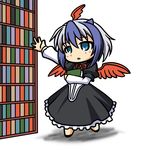  aqua_eyes book bookshelf chibi dress feathered_wings head_wings holding holding_book kou512a multicolored_hair reaching red_wings single_head_wing solo tokiko_(touhou) touhou two-tone_hair white_background wings 