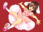 animal_ears brown_hair bunny_ears dress full_body inaba_tewi jewelry kotomuke_fuurin open_mouth outstretched_arms panties pantyshot pendant pink_panties red_background red_eyes shoes side-tie_panties simple_background skirt sneakers socks solo spread_arms touhou underwear white_legwear work_in_progress 