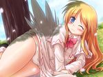  blonde_hair blue_eyes blush bow capelet dress dress_lift grass lily_white long_hair lying lzh no_hat no_headwear on_side one_eye_closed panties petals solo touhou tree underwear upskirt wavy_mouth white_panties wince 