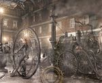  bag bicycle bike blue_eyes boots brick bridge brown_hair city formal gothic hat high_heel_boots high_heels highres machine monowheel over_shoulder road scenery shirou_masamune shirow steampunk street suit top_hat vehicle 