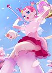  ahoge armpits arms_up blue_eyes blue_sky boots cherry_blossoms cojibou comet_(comet-san) cosmic_baton_girl_comet-san crown day earrings from_below gloves hair_ornament jewelry la_valmot_provone looking_at_viewer looking_down pendant petals pink_footwear pink_hair pink_skirt see-through short_hair skirt sky smile spring_(season) star star_earrings star_hair_ornament twirl_baton wand 