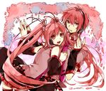  1girl bad_id bad_pixiv_id detached_sleeves genderswap genderswap_(ftm) hatsune_miku hatsune_mikuo headset long_hair looking_back necktie open_mouth red_eyes red_hair sakura_miku sakura_mikuo skirt twintails very_long_hair vocaloid wonoco0916 