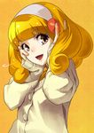  :d blonde_hair cardigan eyelashes hairband hands_on_own_cheeks hands_on_own_face kise_yayoi open_mouth precure school_uniform shimotsuki_eight smile smile_precure! solo white_hairband yellow_background yellow_eyes 