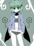  antennae bad_id bad_pixiv_id bikini cape green_eyes green_hair hands_on_hips highres jacket looking_at_viewer navel short_hair simple_background solo swimsuit tongue touhou urimono wriggle_nightbug 